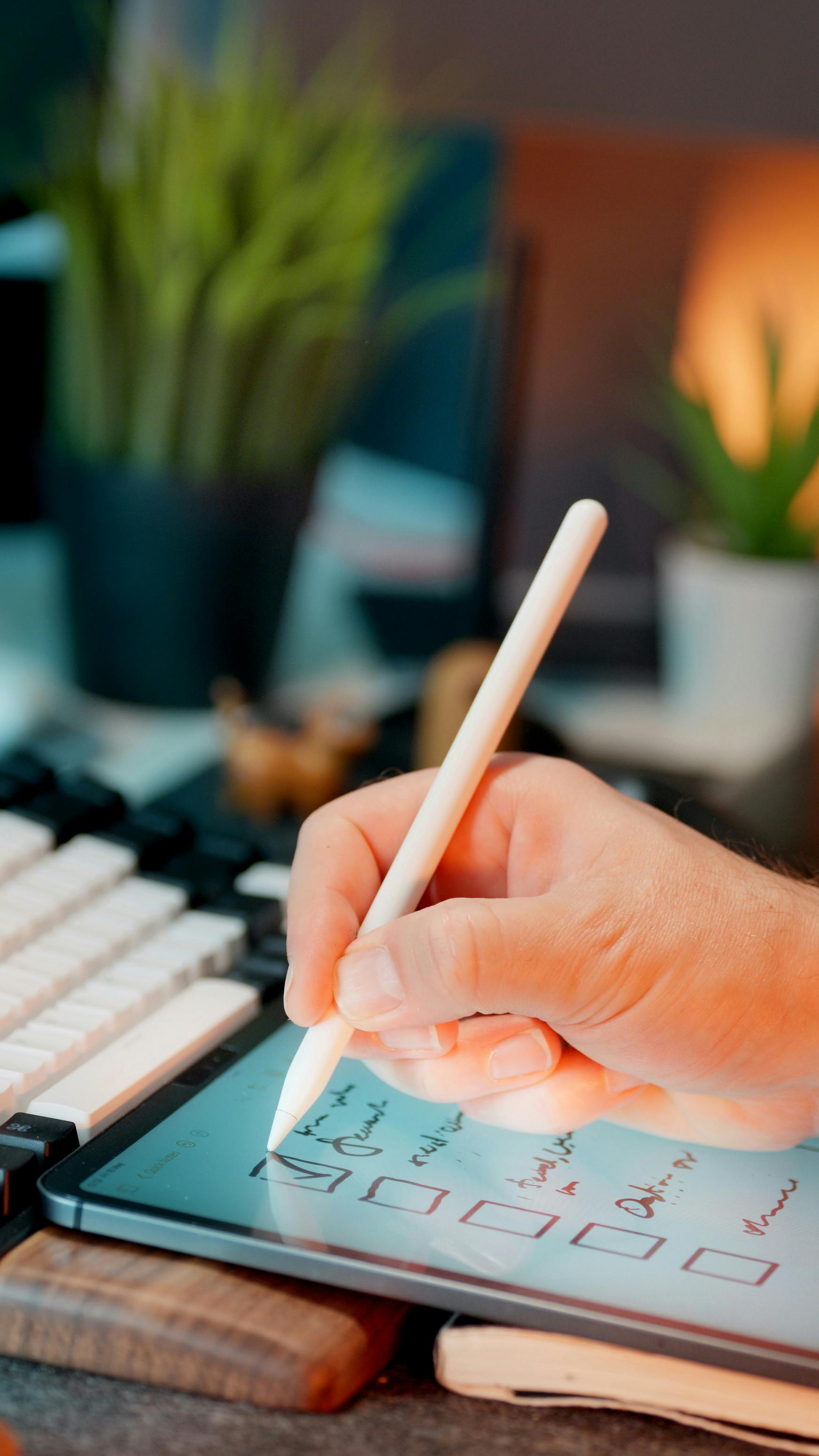Personne écrivant sur une tablette numérique dans un bureau